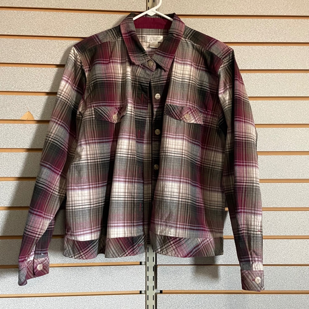 Christopher & Banks Womens L Plaid Button Down Shirt Burgundy Grey Long Sleeve